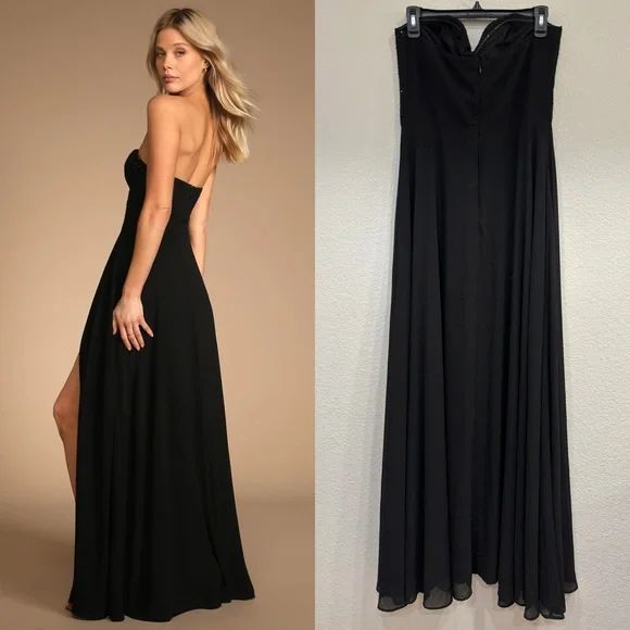 Size L - NWOT Lulus Remember This Moment Black Rhinestone Strapless Maxi Dress